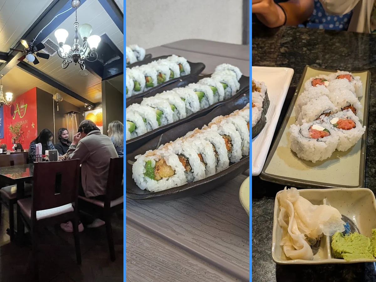 Sushi rolls arranged on a simple plate.