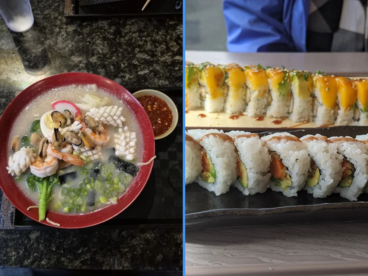 Bento boxes beside bowls of ramen.