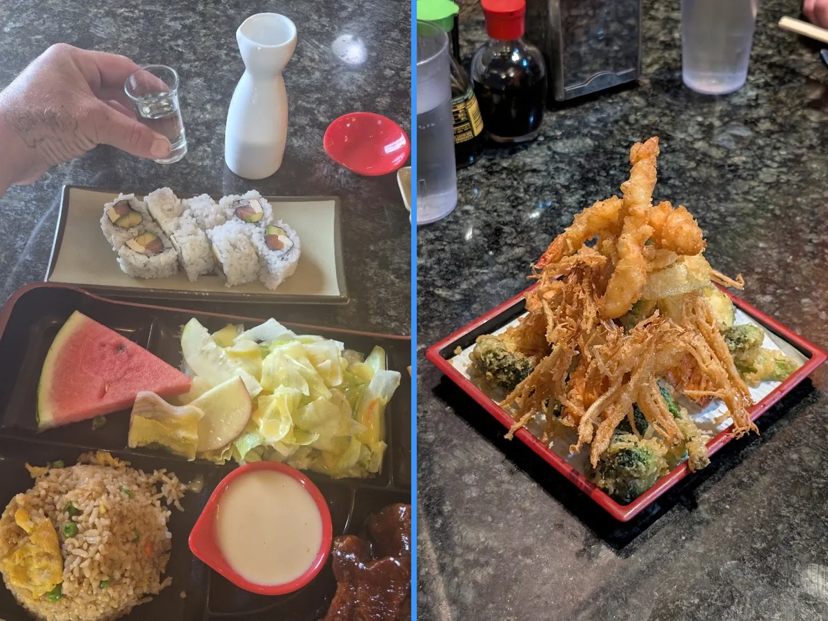 Sushi rolls arranged on a simple plate.