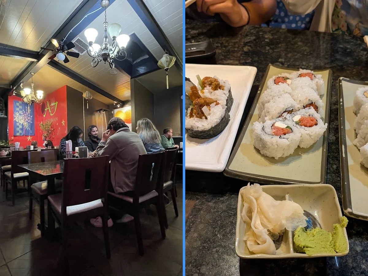 Small plates with tea in a cozy dining room.